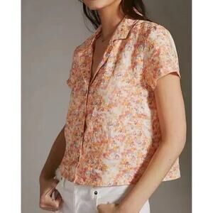 Anthropologie Cloth & Stone Linen Floral Button Down Blouse Top Shirt Sz S